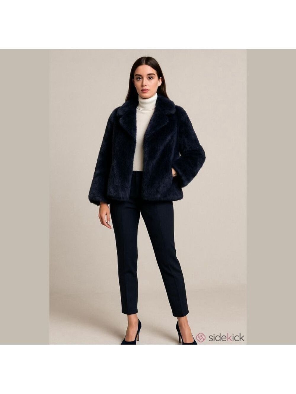 Women's Suzanne Betro Navy Faux Fur Bell Sleeve Open Coat M